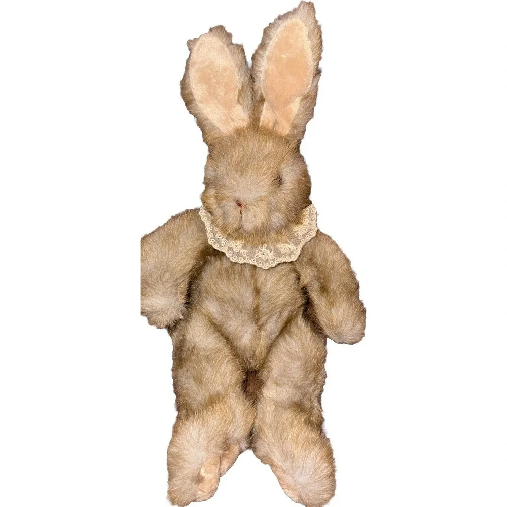 Sesil Co Ltd Bunny Rabbit Plush Lace Bib Furry Wired Ears Easter Light Brown 14